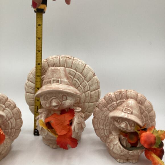 VTG Fall Decor Turkey Ceramic Figurines with Pumpkins and Fall Leaves Set of 3 - Picture 4 of 5